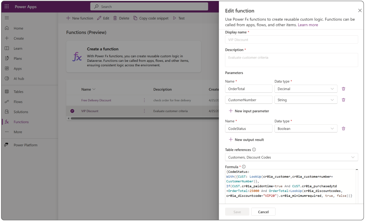 VIP Discount function editor in Dataverse