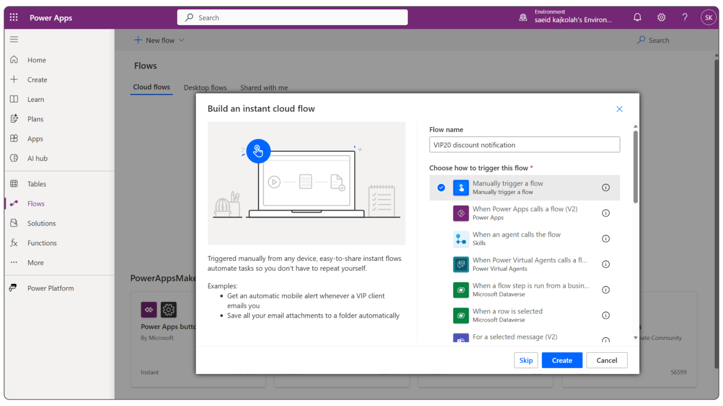 VIP20 discount notification flow creation