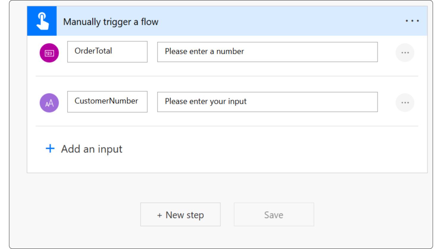 Flow trigger inputs — OrderTotal and CustomerNumber