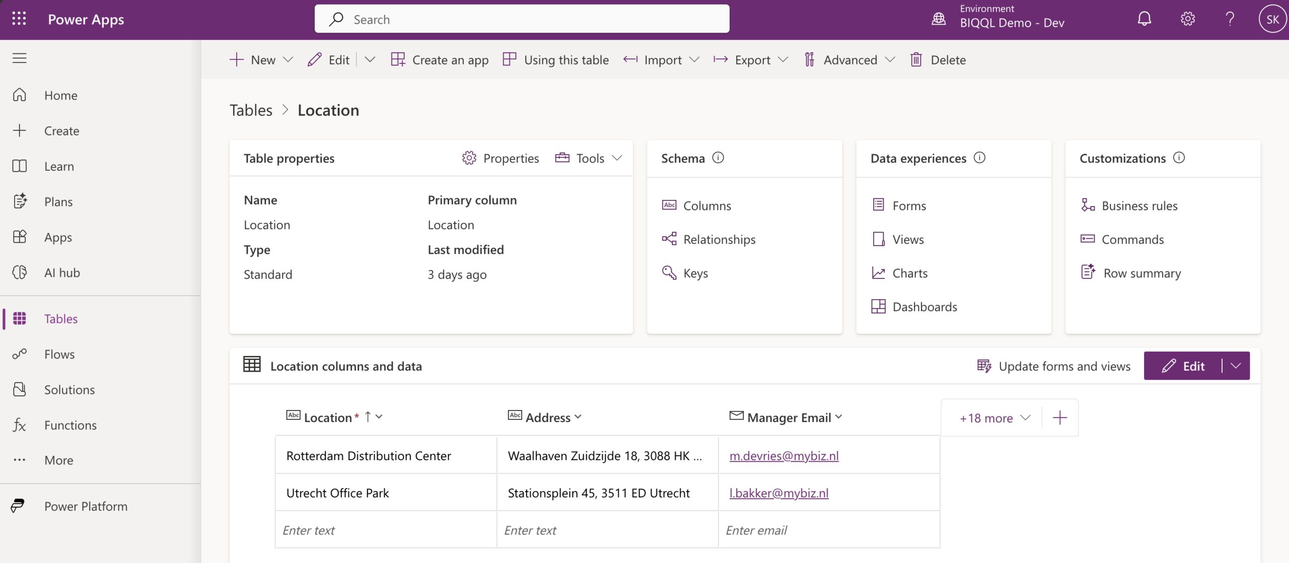 Location table in Dataverse showing columns and sample records