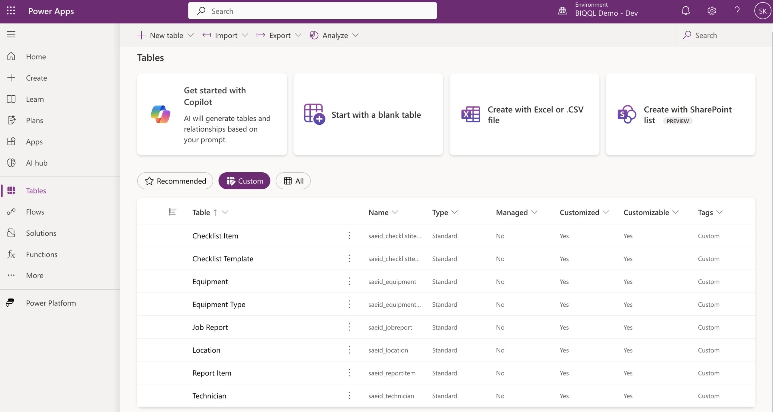 All 7 Dataverse tables in the FieldTechReporting solution