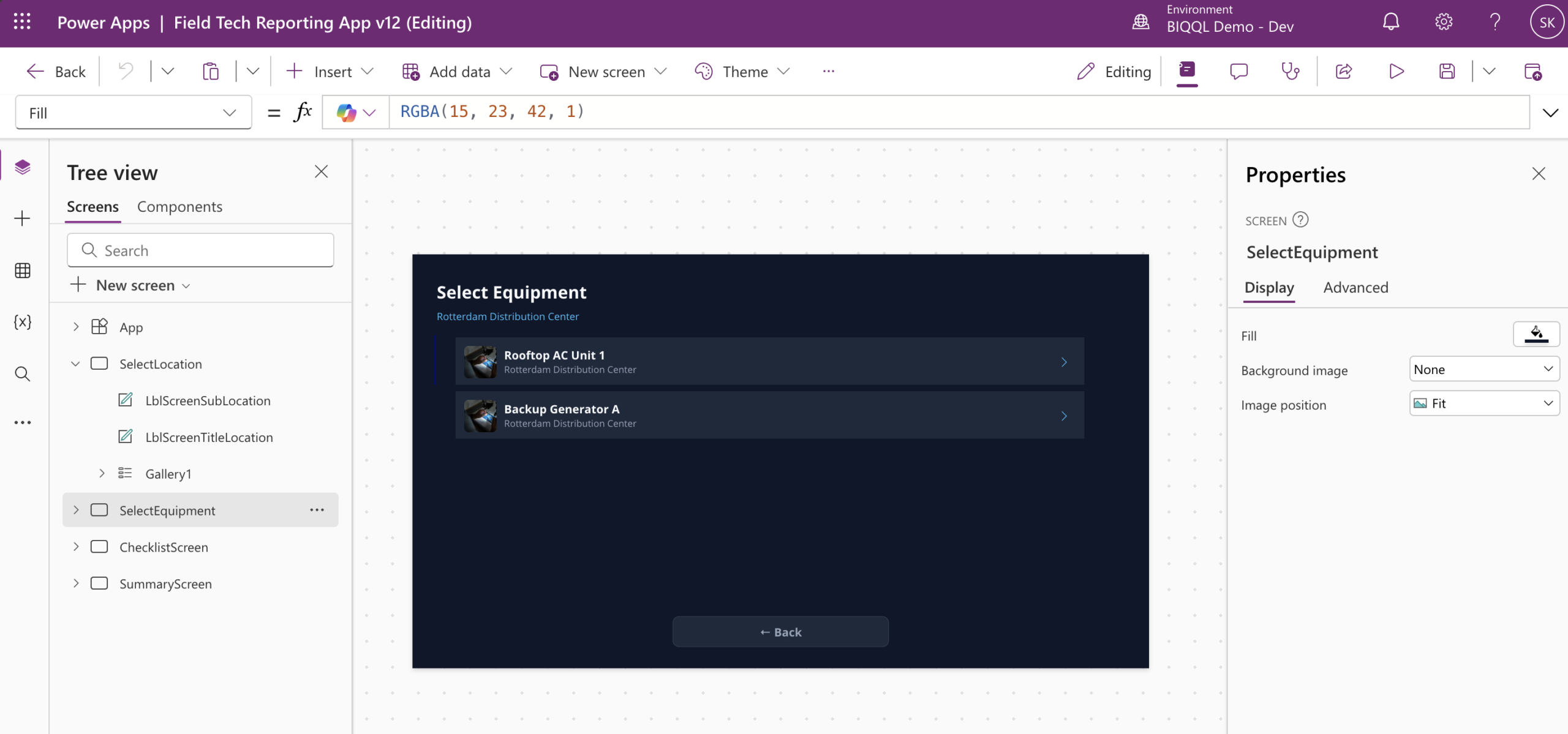 Screen 2 — Select Equipment